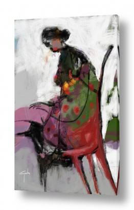 אמנות דיגיטלית אבסטרקט מופשט מודרני | אישה - כסא אדום - חתול