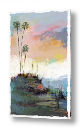 סגנונות אמנות נאיבית | שלושה דקלים בשקיעה פסטלית