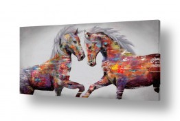 קולקציות תמונות קנבס זכוכית מודרניות | זוג סוסים דוהרים בצבע מודרני