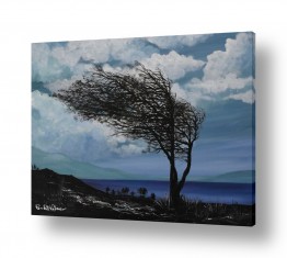 ציורי נוף ים ואגמים ציורי נוף ודומם | עץ נוטה עם הרוח