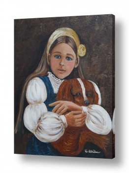 ציורים רוני רות פלמר | ילדה עם סרט צהוב וכלב