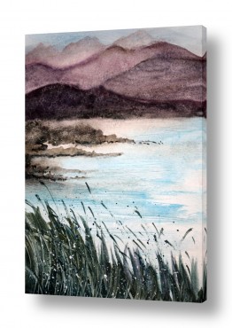 ציורים בצבעי מים נוף ים ומים | נוף הרים