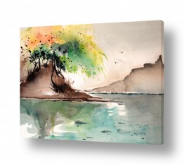 ציורים בצבעי מים נוף ים ומים | העץ
