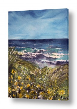 ציורים בצבעי מים נוף ים ומים | פריחת אביב בגבעת אולגה